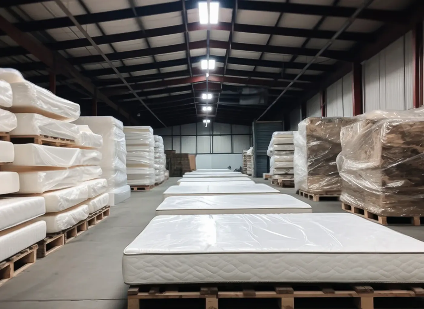 Wrapped mattresses stacked on pallets in a warehouse