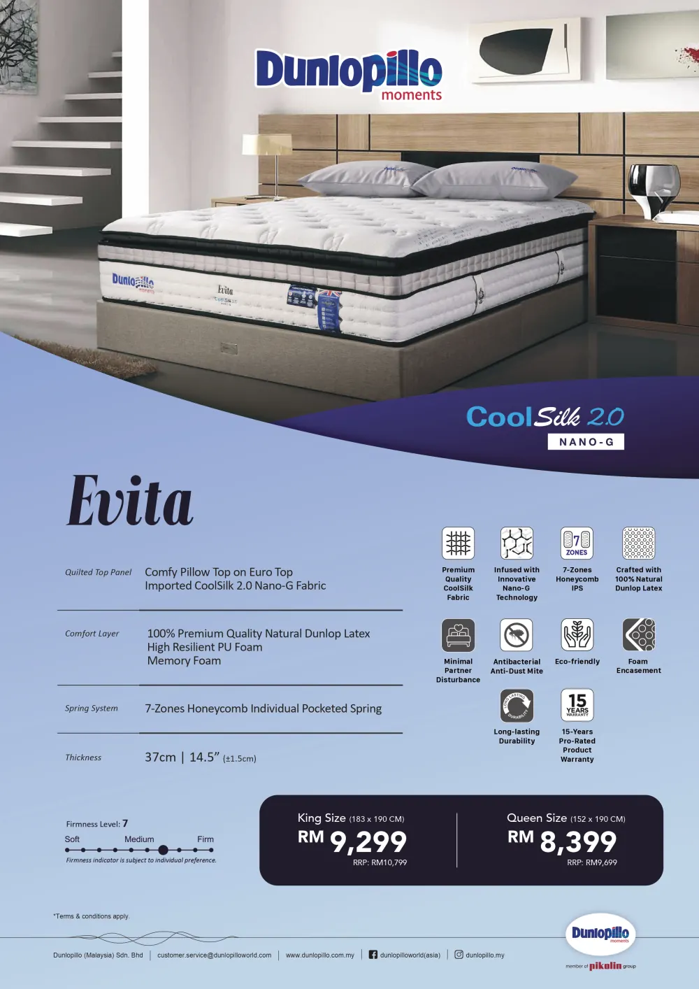 Dunlopillo Evita - CoolSilk 2.0 Nano-G Fabric mattress features and specifications