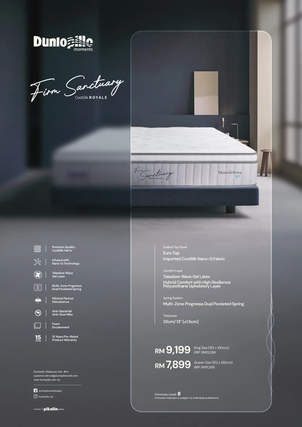Dunlopillo Firm Santuary - Coolsilk Royale mattress features and specifications