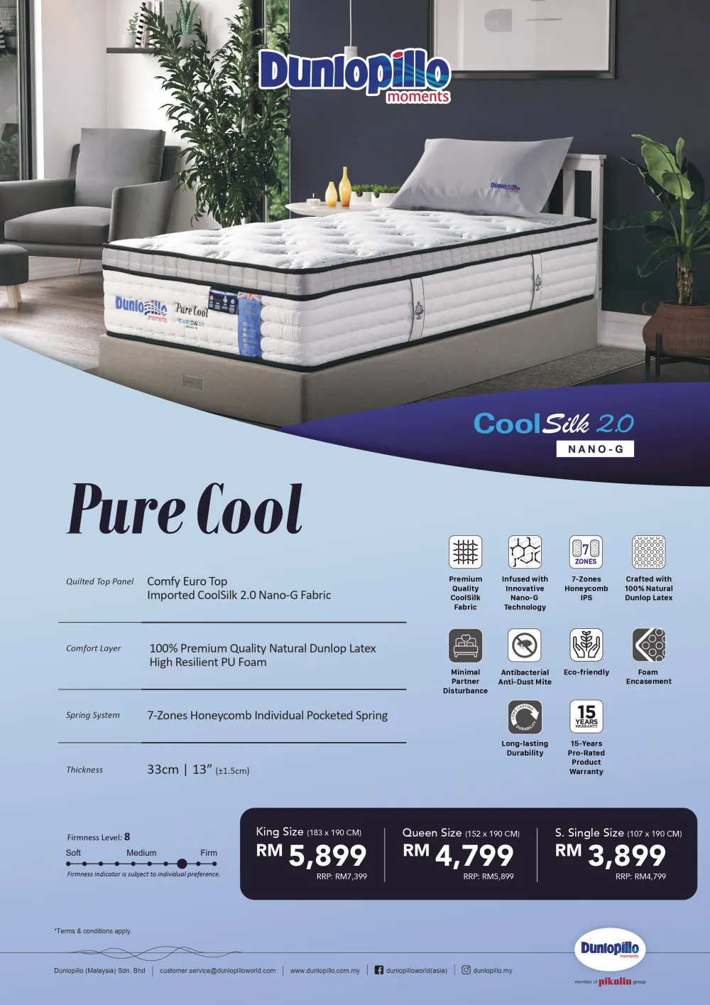 Dunlopillo Pure Cool - CoolSilk 2.0 Nano-G Fabric mattress features and specifications