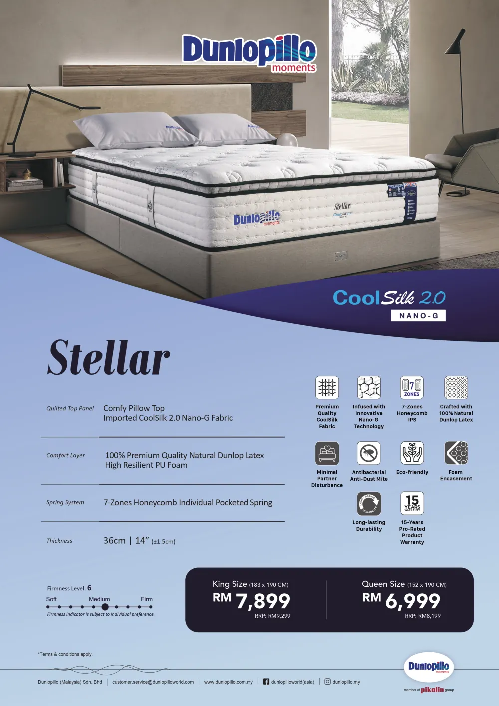 Dunlopillo Stellar - CoolSilk 2.0 Nano-G Fabric mattress features and specifications
